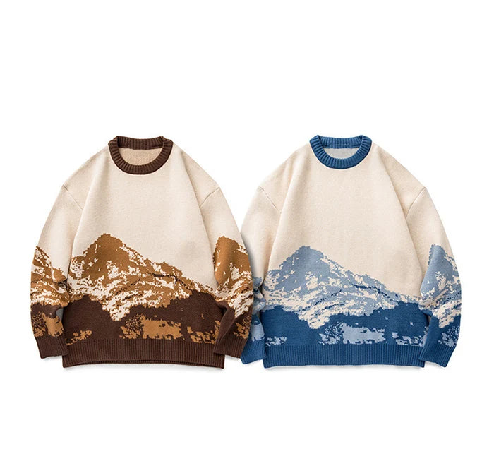 Men Hip Hop Streetwear Harajuku Sweater Vintage Japanese Style Snow Mountain Knitted