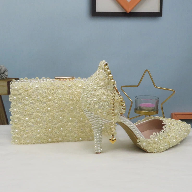 Cream Lace Flower Wedding Shoe And Bag Set Ivory Pearl Heels Pointed Toe Ankle Strap Ladies Party shoe with matching bag Lace-up