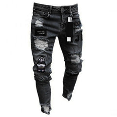 Men Stretchy Ripped Skinny Biker Embroidery Cartoon Print Jeans Destroyed Hole