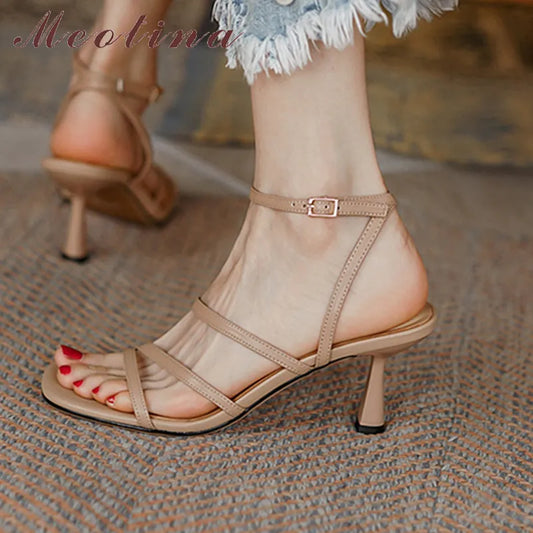 Meotina Sandals Women Shoes Square Ankle Strap Sandals Thin High Heels Buckle Strap Narrow Band Ladies Footwear Summer Beige 40
