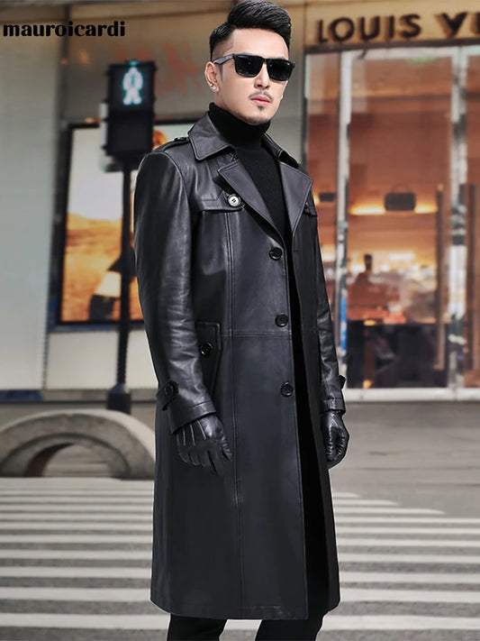 Long Smart Black Waterproof Leather Trench Coat Men Lapel belt Autumn Soft