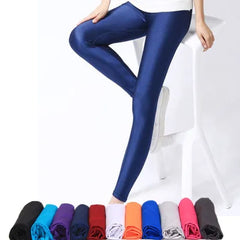 Women Shiny Pants Leggings Solid Color Fluorescent Spandex