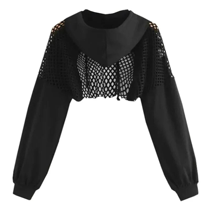 Women's Hoodies Sweatshirt Ultra Short Mesh Splice pullover Sweatshirts