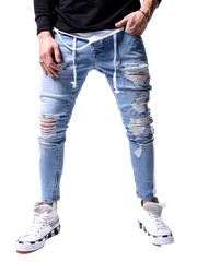 Men's Ripped Pencil Pants Men Skinny Denim Biker Side Striped Jeans