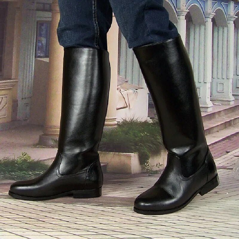 Genuine Leather Mesh Long Equestrian Boots Winter Male Plush Cow Leather Military Boots
