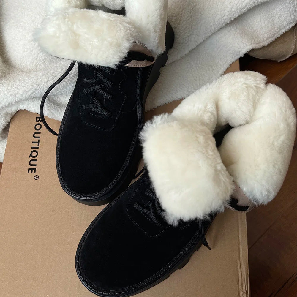 Thick Wool Snow Boots 2022 Winter Flat Platform Chunky Heel Warm Fur Ankle Boots Shoes Woman Lace up Fashion Booties Cow Suede