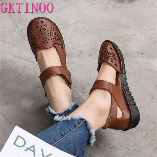 GKTINOO Hollow Genuine Leather Breathable Soft Flat Sandals Summer Women Shoes Woman Casual Solid Buckle Strap Ladies Sandals