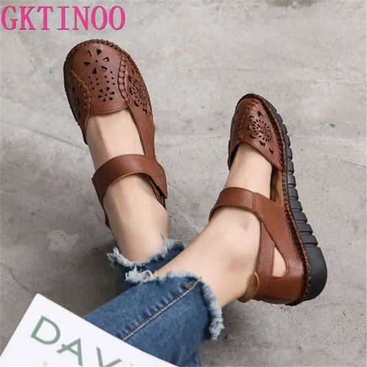 Hollow Genuine Leather Breathable Soft Flat Sandals Summer Women Shoes