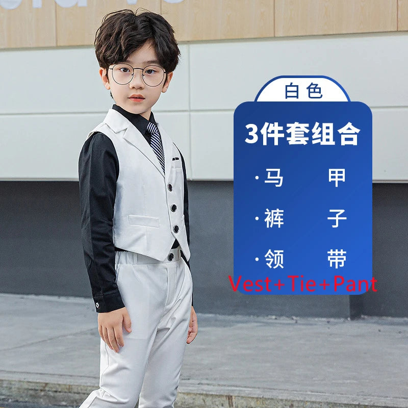 Boy Top Ring Bearer Waistcoat Clothes Set Kids Formal Suits Child Tie Long Sleeve Shirt Vest Trousers Toddler Gentleman Outfits