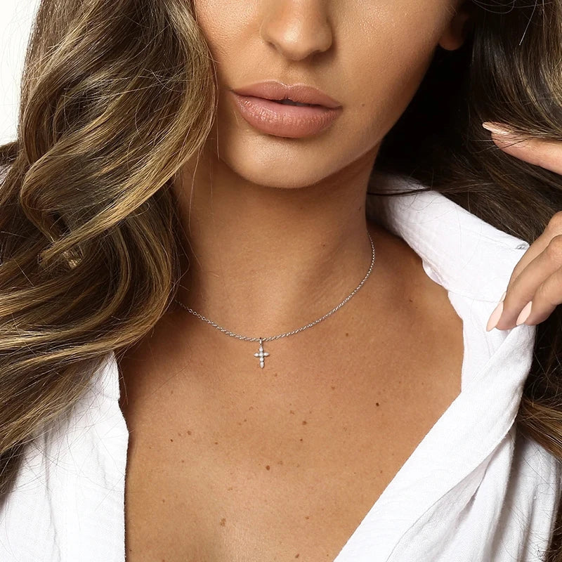 Aide 925 Sterling Silver Necklaces Charms for Women Crystal Cross Clavicle Collar Chain Simple Choker Necklace Accessories Gift