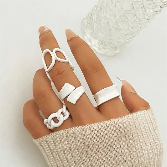 Trendy Acrylic Geometric Hollow Ring Set For Women Bohemian White