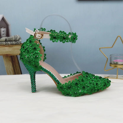 Green Lace Flower Wedding Shoe And Bag Set Pearl Heels Pointed Toe Ankle Strap Ladies Party shoe with matching bag Lace-up