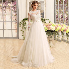 Gorgeous Long Sleeve Wedding Dresses O-Neck Lace A-line Soft Tulle