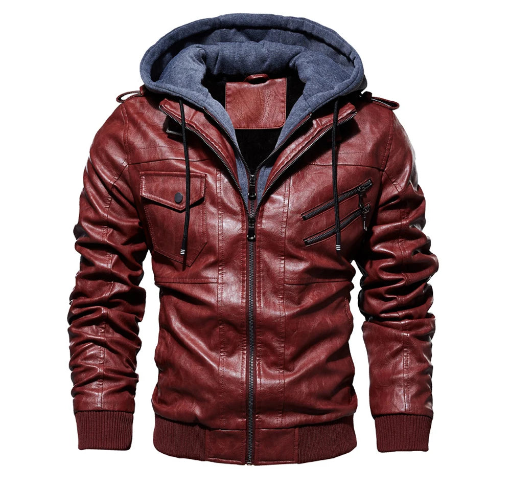 Winter Men's PU Leather Jacket Casual Man Motorcycle Leather Hooded Coats