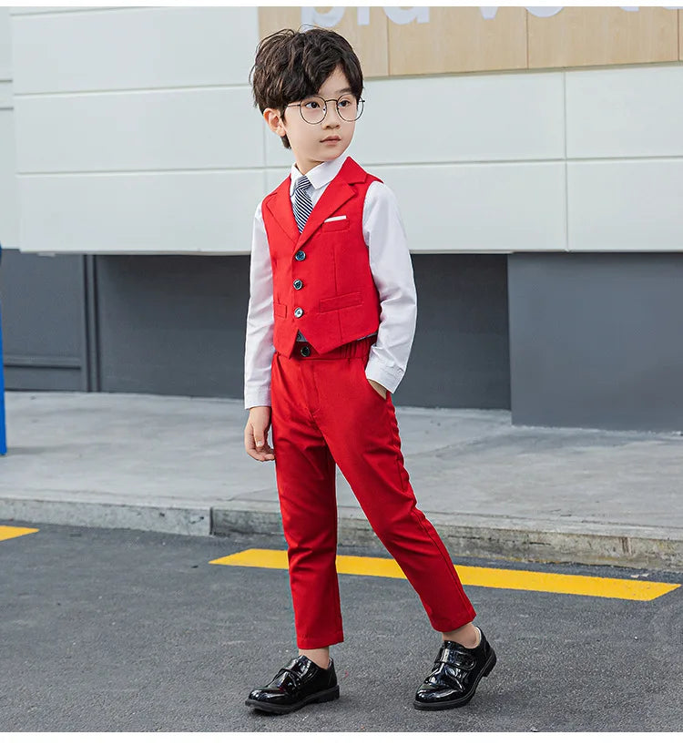 Boy Top Ring Bearer Waistcoat Clothes Set Kids Formal Suits Child Tie Long Sleeve Shirt Vest Trousers Toddler Gentleman Outfits