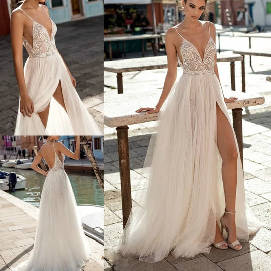 Wedding Dresses Boho Side Split Spaghetti Illusion Boho A-Line Pearls