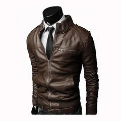 Men Faux Leather Jacket Zippers Men's Stand Collar Coat Spring Autumn Casual