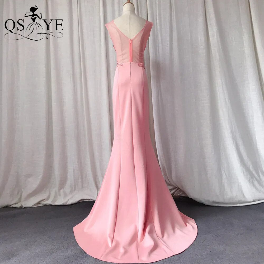 Pink Lace Prom Dresses Stretchy Satin Mermaid Women Evening Gown V Neck Appliques Sleeveless Illusion Back Formal Party Dress