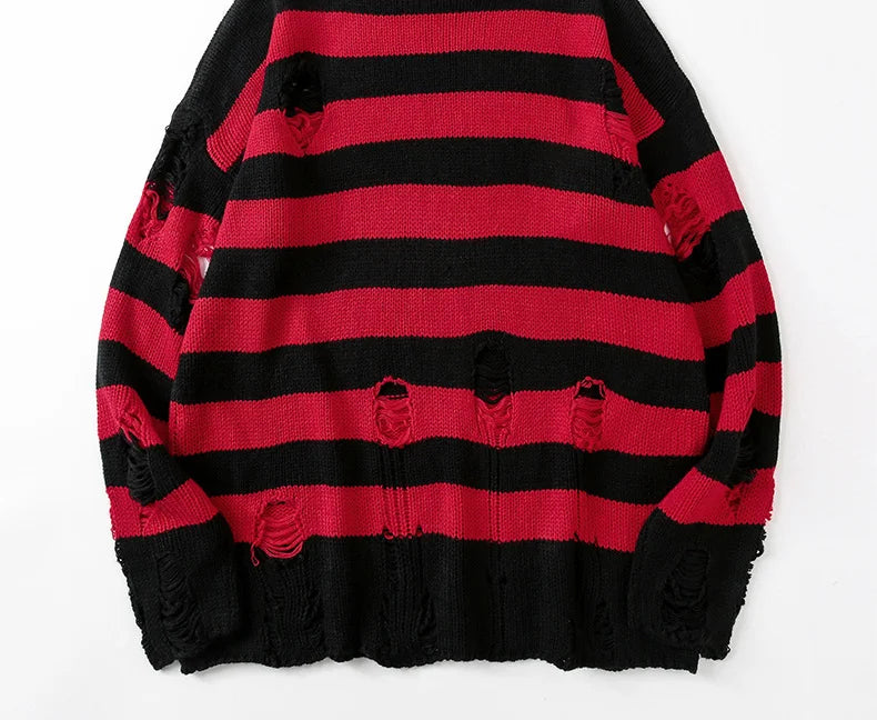 Black Stripe Sweaters Destroyed Ripped Sweater Men Pullover Hole Knit Jumpers Men