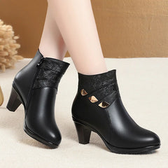 Fashion Female Short Boots Thick Heel Genuine Leather Metal Decorative Cotton Shoes