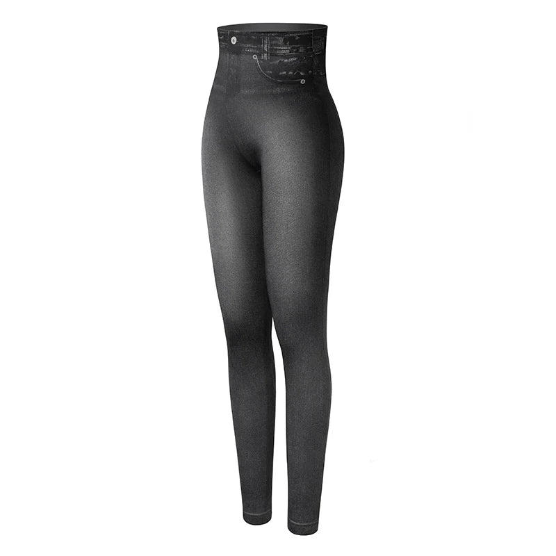 Push Up Seamless High Waist Faux Denim Leggings Women Casual Elastic Pocket Jeans