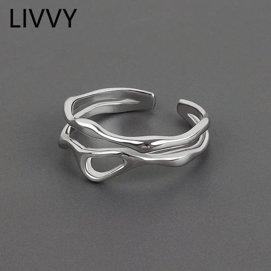 Silver Color Irregular Hollow Double Line Geometric Ring Female Simple  Unique Design