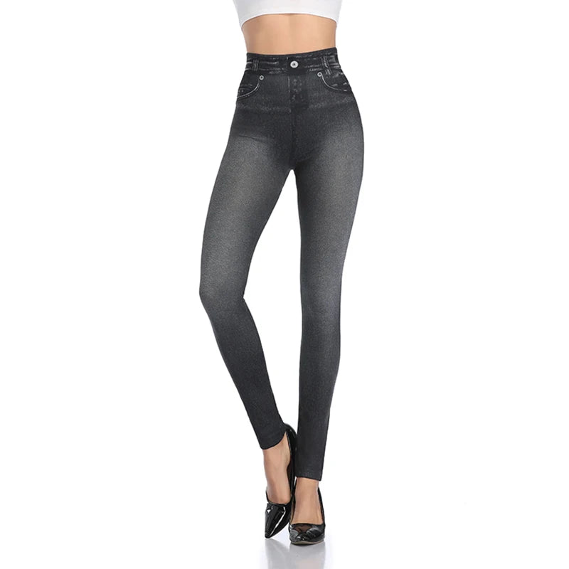 Push Up Seamless High Waist Faux Denim Leggings Women Casual Elastic Pocket Jeans