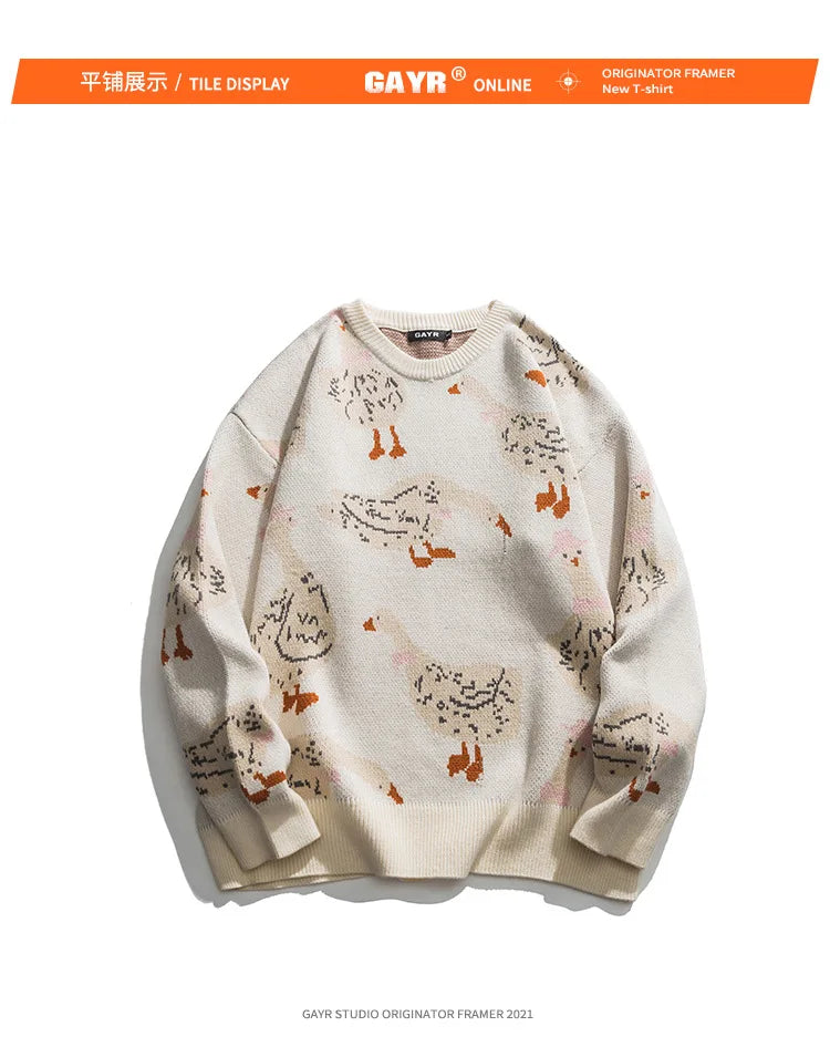 Japanese Knitted Sweater Men Cartoon Animal Duck Goose Print Pullover