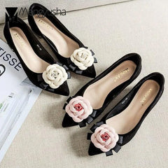 Ladies Pumps Real Velvet Shoes With Camellia Women 4cm Med-High Heels