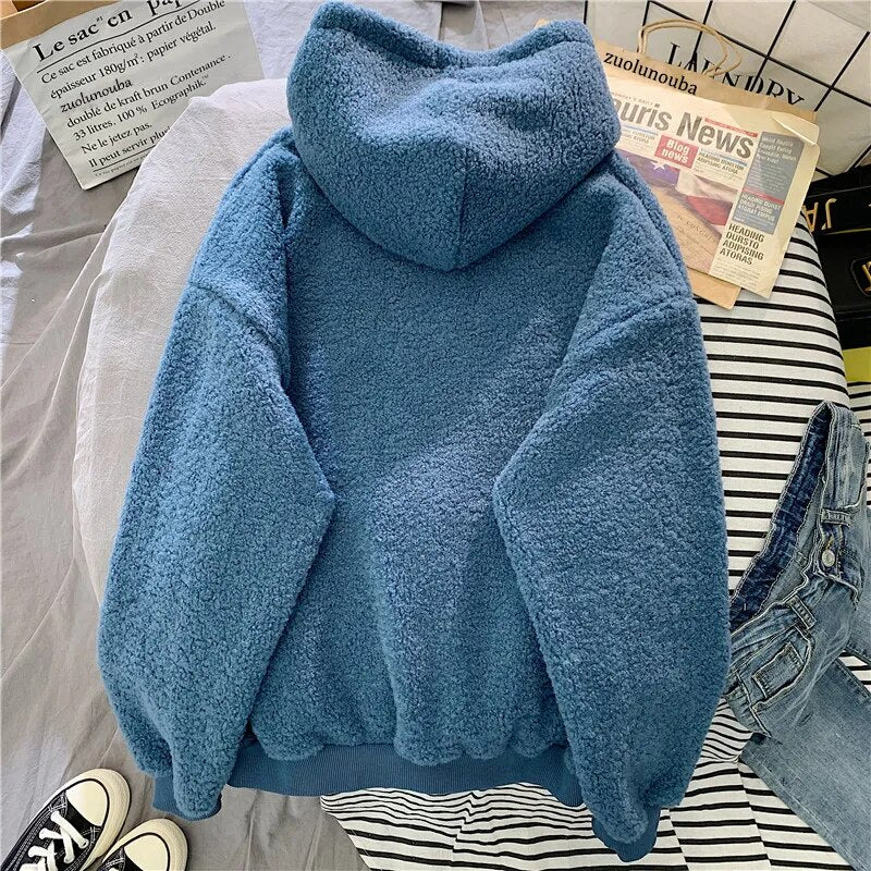 Thick Warm Coat Velvet Cashmere Women Hoody Sweatshirt Solid Blue Pullover