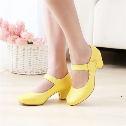 Casual Yellow Low Heeled Mary Janes Shoes Woman Fashion Comfortable Short Heel Pumps Buckle Nude Pink Party Wedding Shoes Ladies