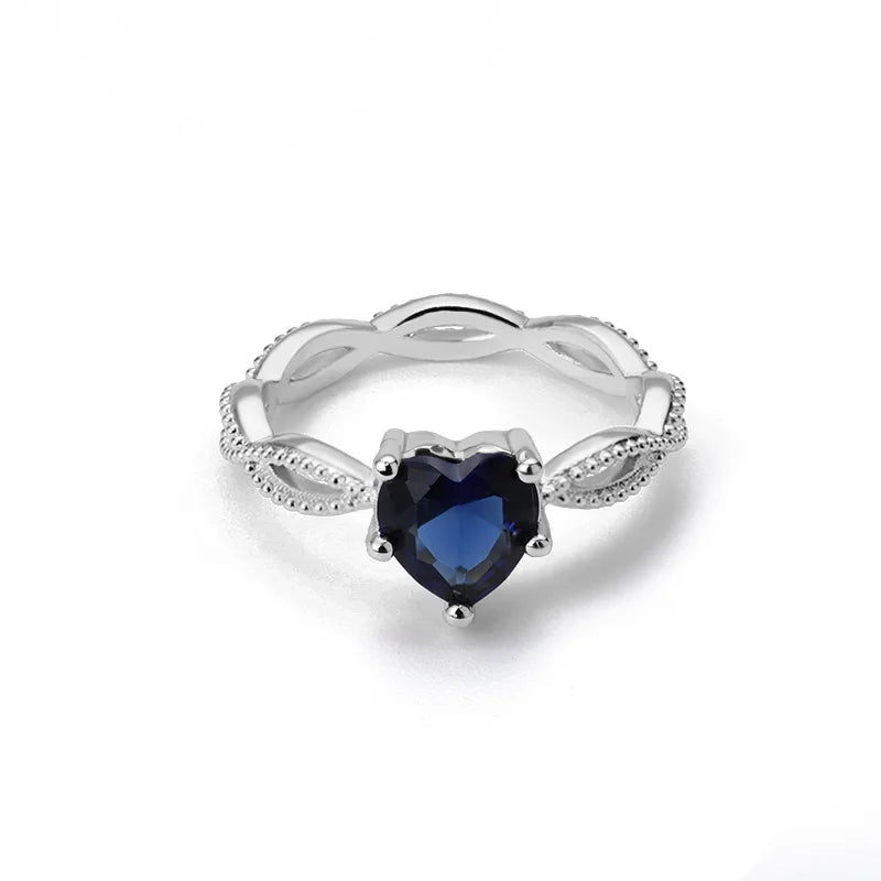 Blue Gem Heart Rings For Women Zirconia Silver Color Couple Heart Ring Party Gift