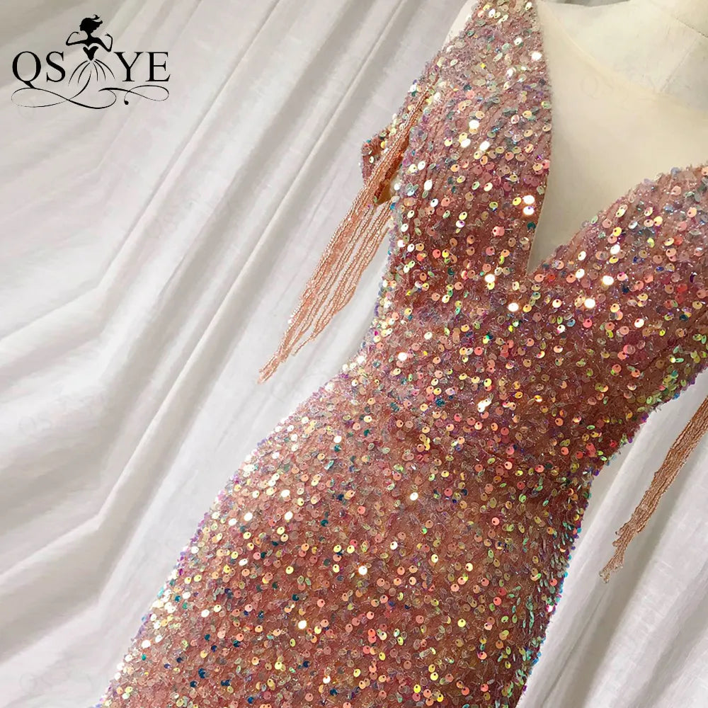 Evening wear Dresses: Beading Side Sleeves Gold Sequin Prom Gown