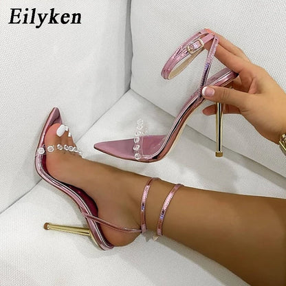 Eilyken Crystal Sexy Women Sandals Metal High Heels Ankle Buckle Strap Gladiator Ladies Pumps Stiletto Nightclub Party Shoes