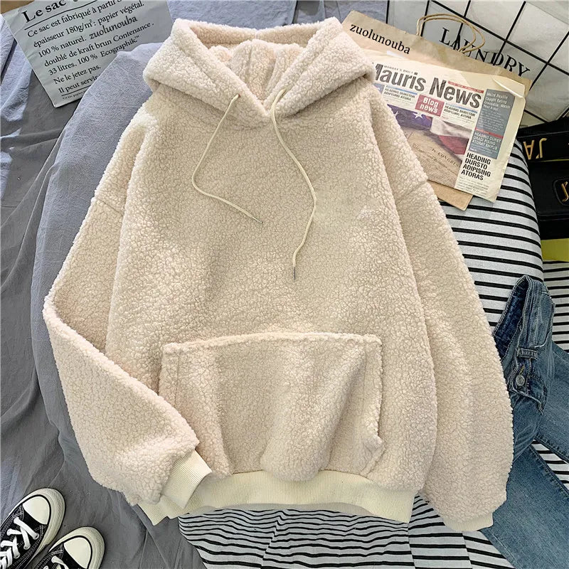 Thick Warm Coat Velvet Cashmere Women Hoody Sweatshirt Solid Blue Pullover