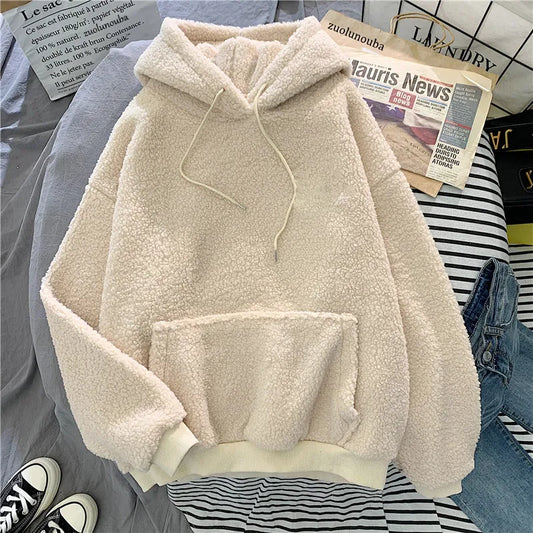 Thick Warm Coat Velvet Cashmere Women Hoody Sweatshirt Solid Blue Pullover