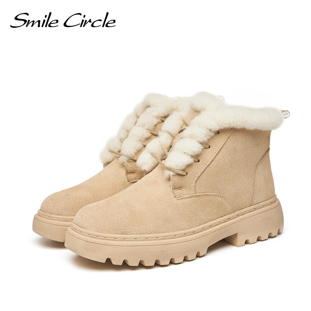 Smile Circle Ankle Boots Women Leather Chunky Boots Natural fur Warm Winter