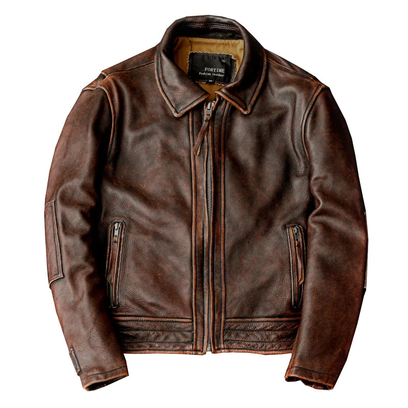 Men Leather Jacket  Swallow Tailed Vintage Motorcycle Top Cowhide Coat
