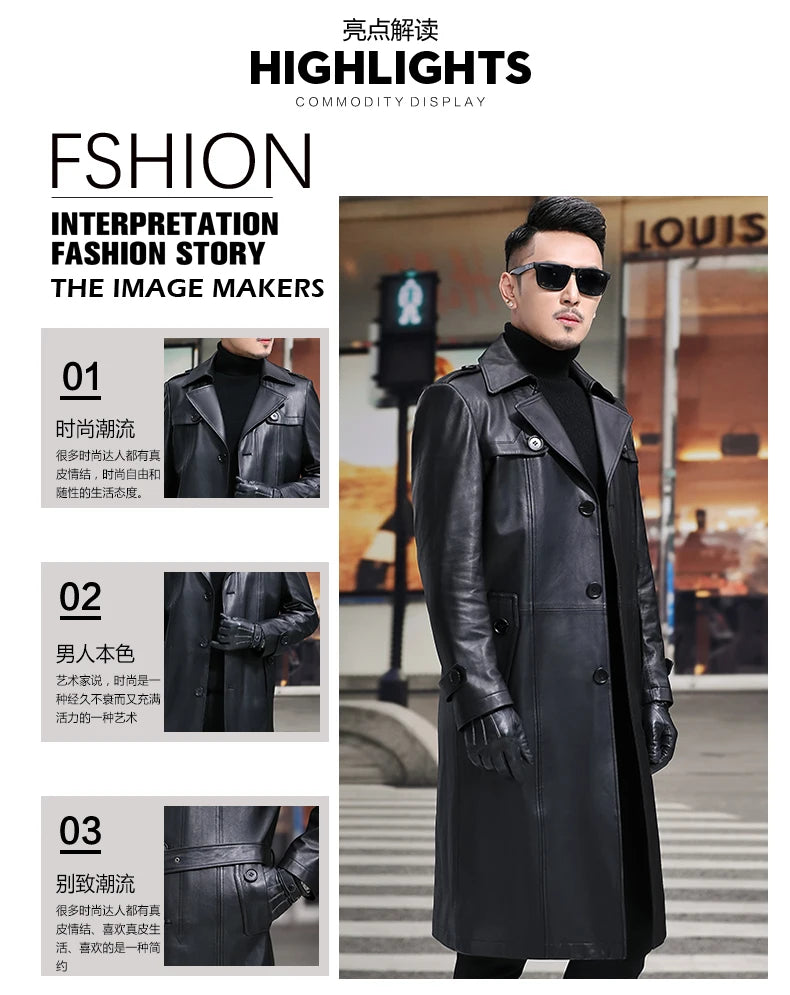 Long Smart Black Waterproof Leather Trench Coat Men Lapel belt Autumn Soft