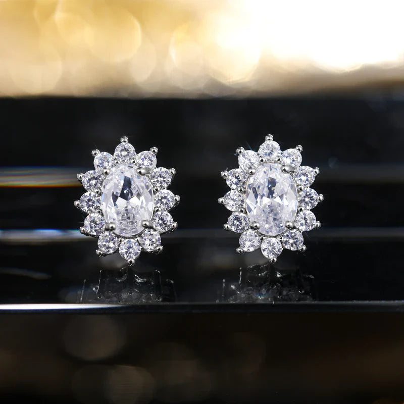 Huitan Fashion Sunflower Shape Stud Earrings Women Brilliant Oval Cubic Zirconia Luxury Female Party Jewelry Earring Top Quality