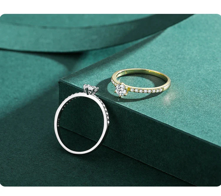 Ailmay Classic 925 Sterling Silver Sparkling Clear Zircon Golden Color Rings For Women Wedding Engagement Fine Female Jewelry