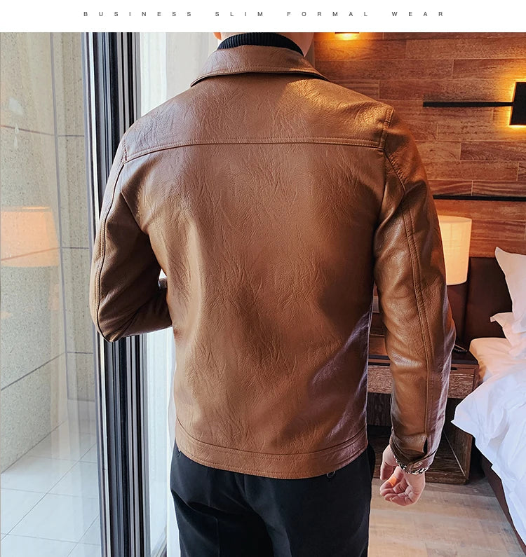 Men Faux Leather Jacket Oblique Zipper Jackets Motorcycle Black Jaqueta De Couro
