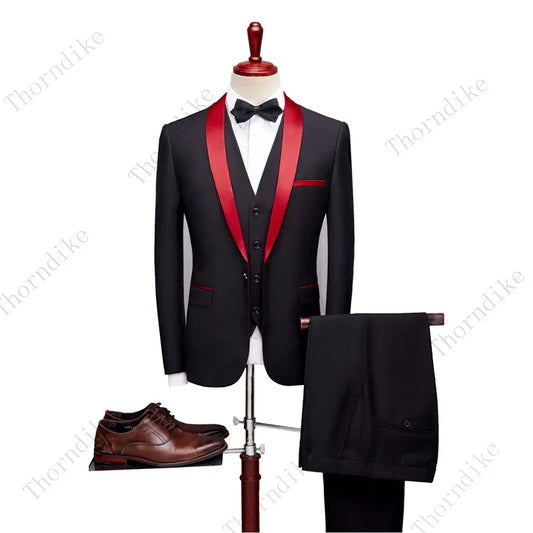 Men Suits 3 Pieces Black Fit Casual Groomsmen Army Lapel Business