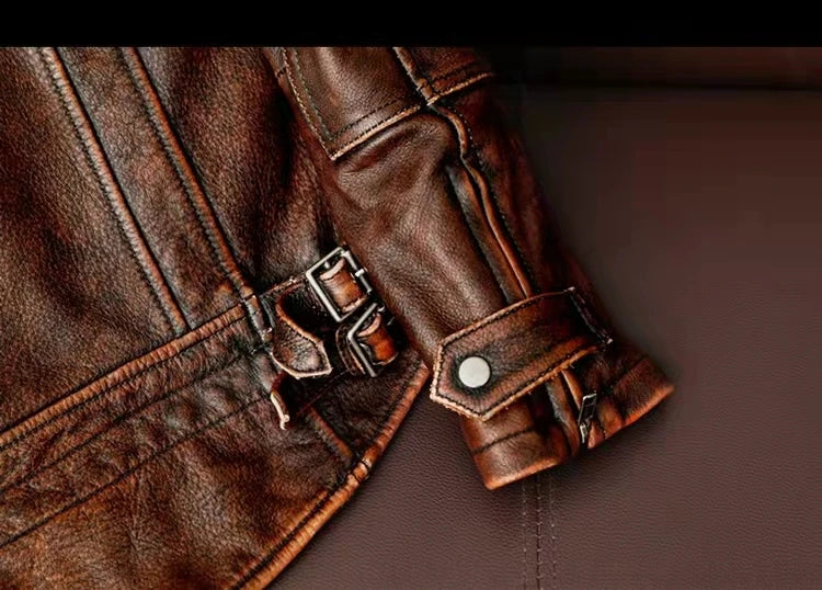 Men Leather Jacket  Swallow Tailed Vintage Motorcycle Top Cowhide Coat