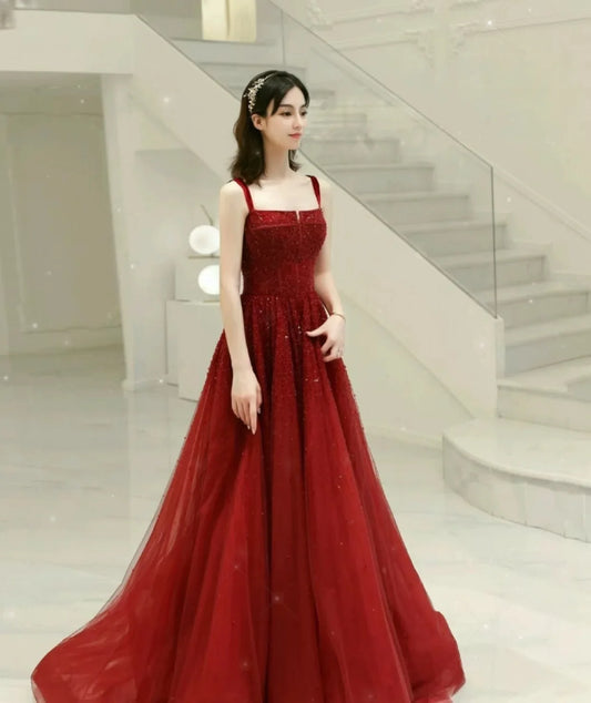 Red Luxury Gowns Fashion Ladies Partydress Gallus With Diamond A-Line Formal Evening