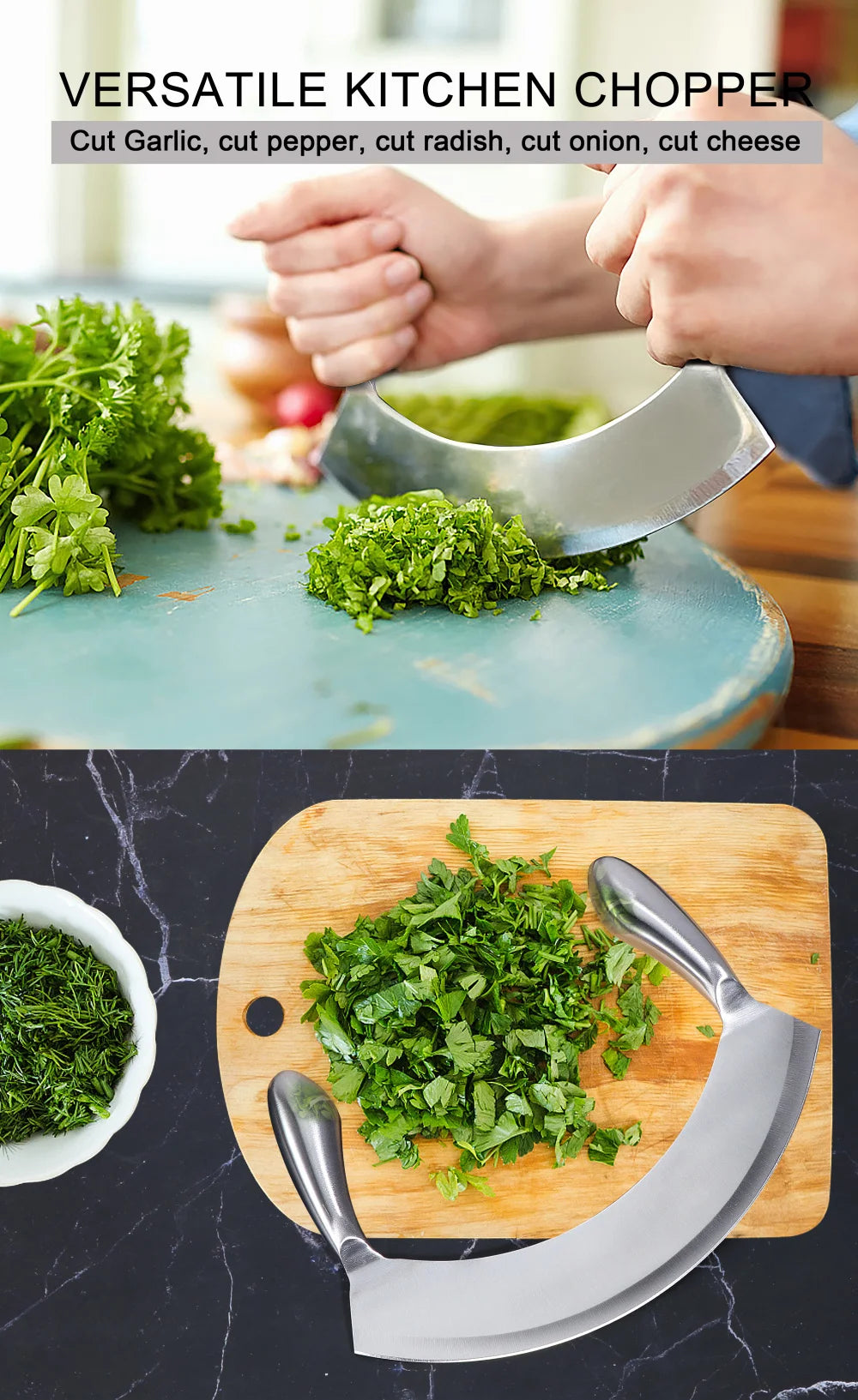 8.5 Inch Stainless Steel Mezzaluna Knife Pizza Cutter Fruit Vegetable Salad Chopper