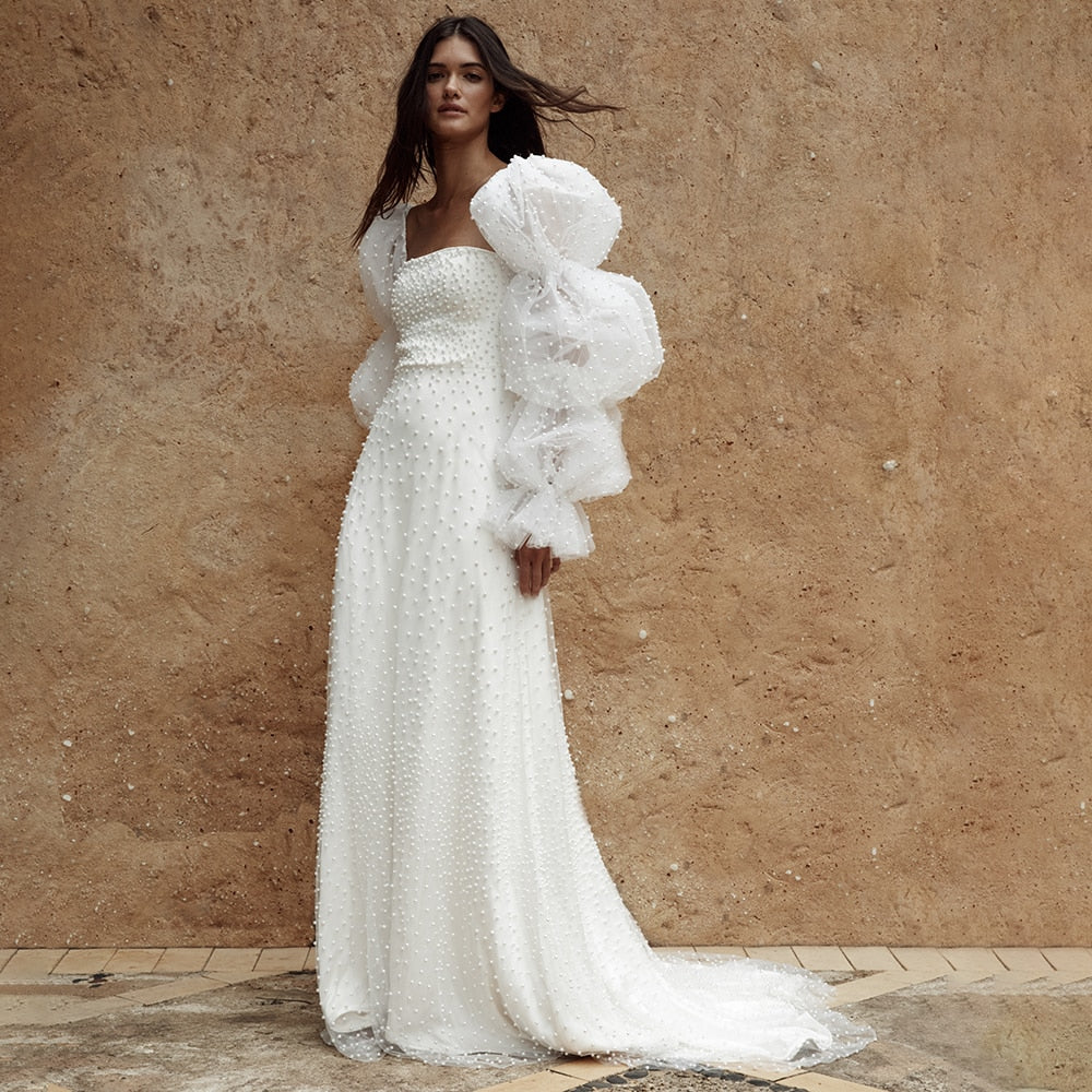 White Bridesmaid Dresses: Long Puff Sleeves Wedding Dress Backless Sweep Train A Line