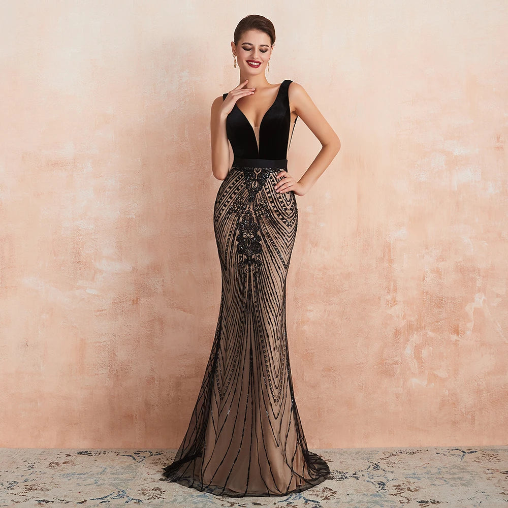Homecoming Dresses: Backless Black and Champagne Long Prom Formal Gown