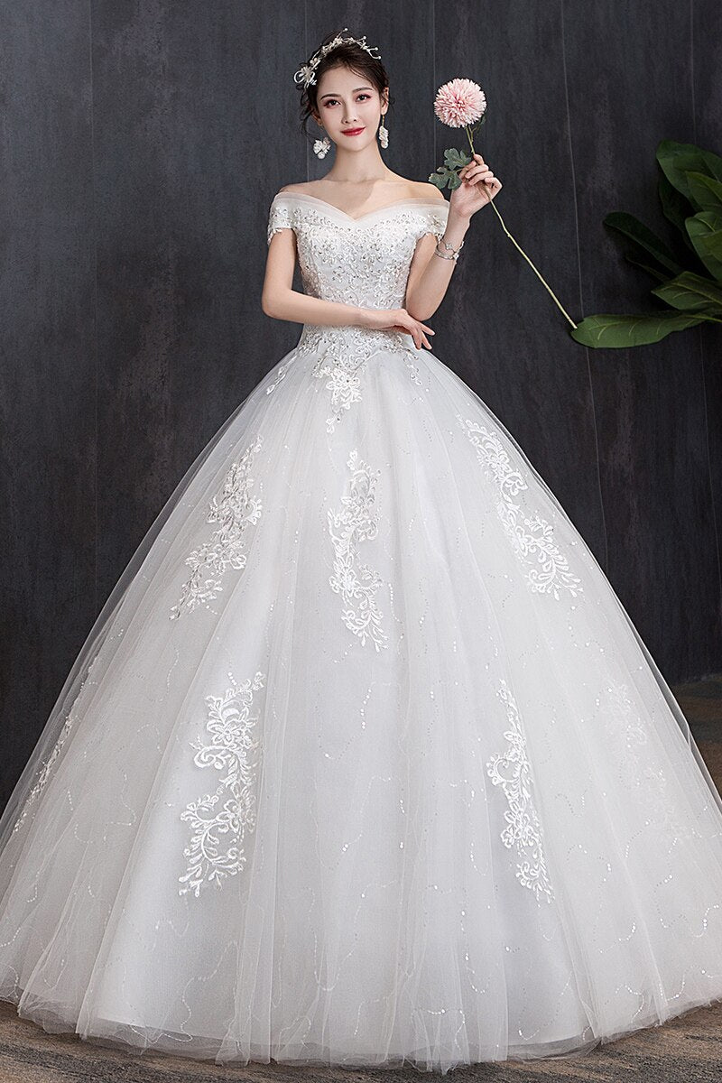 White Bridesmaid Dresses: Off The Shoulder Wedding Dress light Appliques Pearls