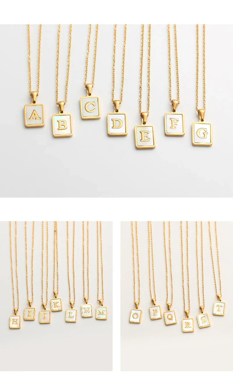 E.B.belle Minimalist Mother of Pearl Shell Stainless Steel Tarnish Free Initial Necklace Gold Plated Letter Necklace for Women